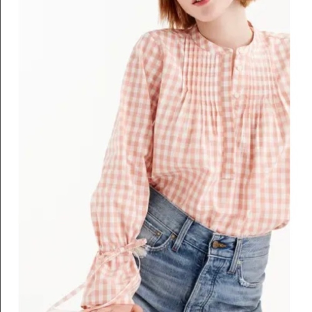NWT J. Crew Tie Sleeve Pintuck Gingham Top